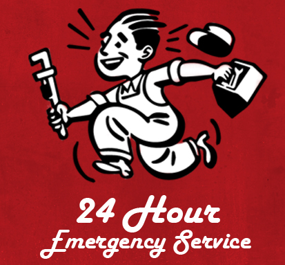 cartoon plumber that says 24 hour service